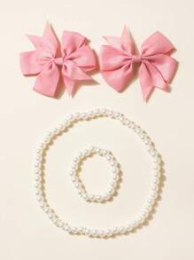 4 Stücke/Set Haarschmuck Set für Mädchen, enthält 2 Haarspangen, 1 Perlenkette und 1 Perlenarmband, geeignet für Mädchen ab 3 Jahren. Schleifen Haarspangen, passend für Frühlingsoutfits, Kinderaccessoires, können für Feiern, Jubiläumsparty Dekoration, Kindergeschenke verwendet werden, in verschiedenen Farben erhältlich, geeignet für Innen- und Außenbereich, Geburtstagsdekor, Fotografie Requisiten. - Verschiedenfarbig - Übersicht 16