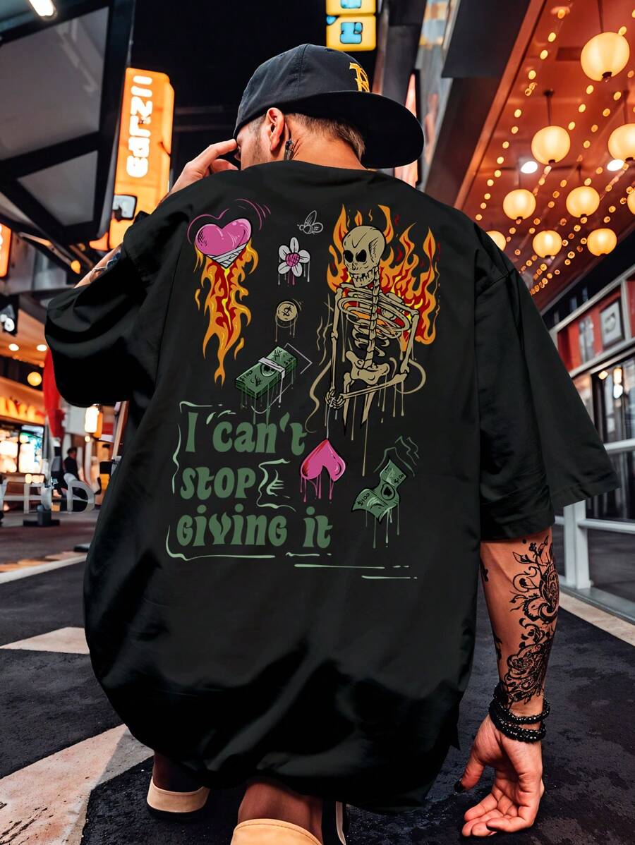 T-Shirt Shirt Streetwear Oversized Skull Fire Fire Money Dollar REF 7051 VEST NERD - 黑色 - 查看 1