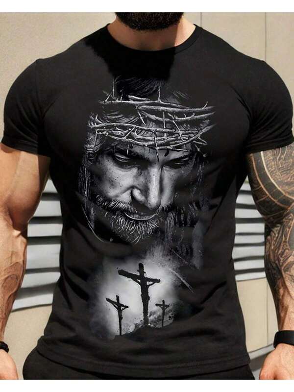 Camiseta Masculina Redentor - Estampa de Jesus com Coroa de Espinhos em Algodão Preto