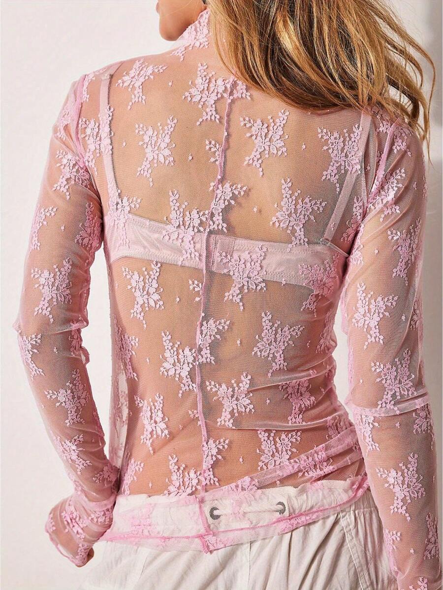 Women Long Sleeve T-Shirts Mesh See-Through Mock Neck Lace Shirts Spring Fall Slim Fit Tops Streetwear S-XL - 粉色 - 查看 1