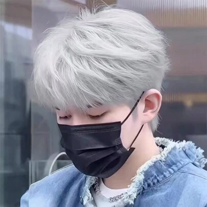合成男士碎发自然卷韩式假发短卷发银灰色 6 英寸动画帅哥假发