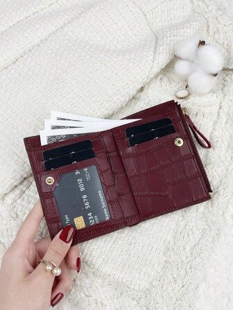 SOUTHLAND&KANGAROO Bolsa burdeos, bolsa rojo cereza, bolsa vino tinto, billetera pequeña con detalles de letras plegable y bolsillo, billetera de mujer plegable y delgada, ligera y portátil, estuche para tarjetas de crédito y llaves, billetera corta moderna y bonita