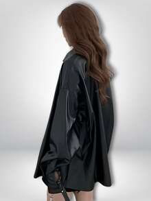 Camisera tipo Chaqueta de Piel Sintetica Negra con Forro Afelpada con Botones Manga Larga Unicolor Y2K para otoño e invierno vestimenta oeste para mujer Sexy y Con Estilo Motociclista o Moda - Negro - Ver 3