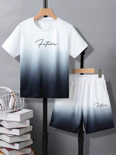 2st/set Tween Boy Casual Ombre Design Letter Print Kortärmad T-shirt och matchande shorts Set, vår/sommar