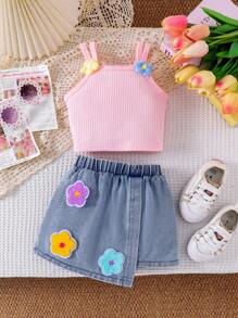 2pcs Baby Girl Floral Decor Cami & Asymmetrical Hemline Denim Skirt Set
