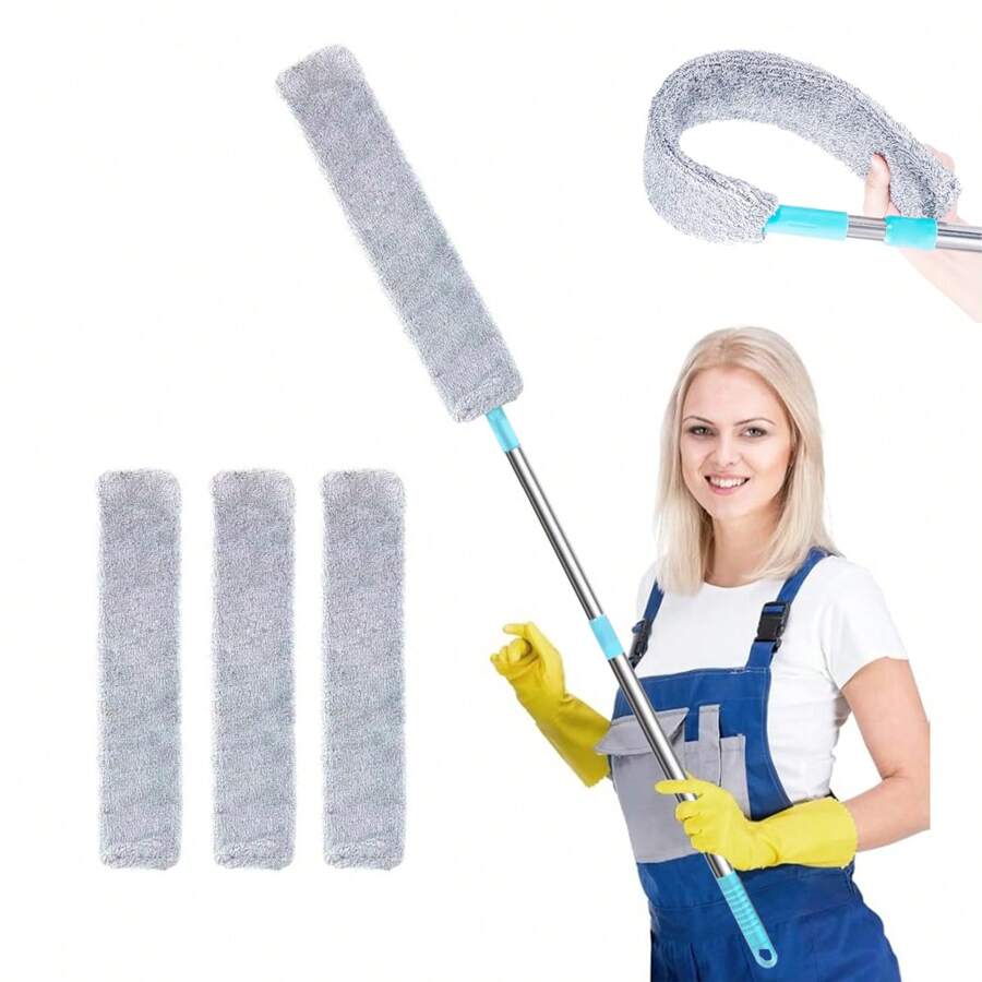 51.2英寸超长地板除尘掸，带延长杆，可弯曲超细纤维头，可水洗，适用于高天花板和吊扇清洁
