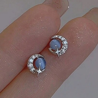 1 Cặp bông tai đính đá mắt mèo xanh hình mặt trăng và ngôi sao dành cho nữ, đa năng và thanh lịch