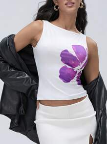 Women's Crop Tank Tops Fitted Flower Print Boat Neck Sleeveless Summer Tops For Party Club