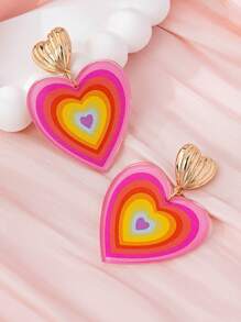 1 par de pendientes con colgante de corazón de acrílico de colores arcoíris para mujeres, adecuados para uso diario y el Día de San Valentín - Rosa - Ver 3
