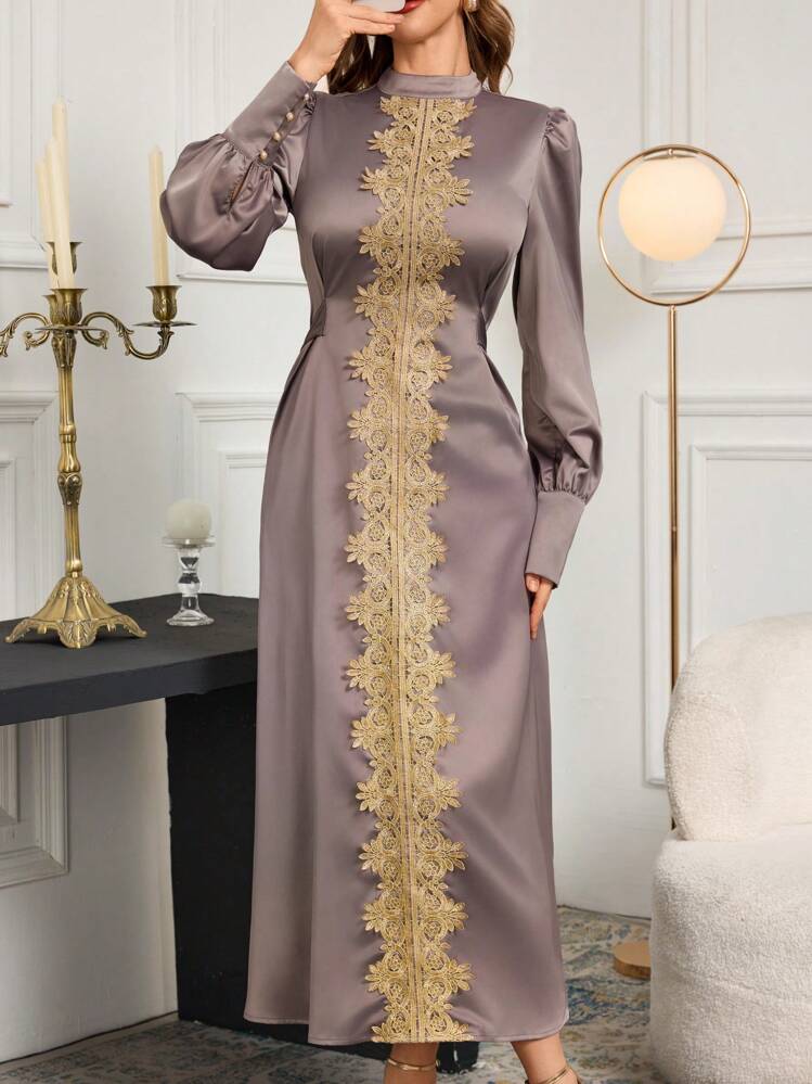 Vestido de manga larga con bordado dorado, ribete floral y cierre delantero con lazo, elegante y digno vestido formal estilizador - Gris - Añade 5