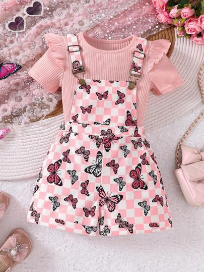 年轻女孩罗纹纯色盖袖荷叶边上衣和蝴蝶印花吊带短裤两件套，春夏