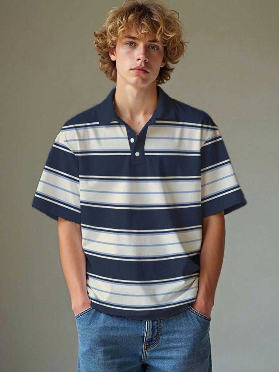 Áo thun polo nam cổ điển mùa hè in sọc nhiều màu tay ngắn cài nút, áo chơi gôn thường ngày phong cách học đường - màu đen - Xem 1