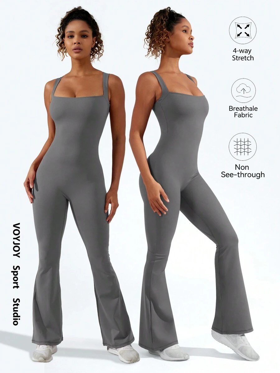 Women Flare Jumpsuits Gym Sleeveless Square Neck Full Length One Piece Yoga Jumpsuit Grey - Grey - View 1