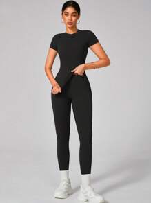 女士柔软吸湿排汗圆领短袖上衣和弹力瑜伽裤套装 - 黑色 - 查看 3