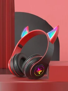 Auriculares diadema con cuernos de diablo inalámbricos iluminados, auriculares plegables de graves intensos - Negro - Negro - Ver 1
