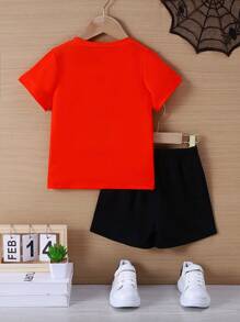 2 件男童休闲蜘蛛图案柔软针织短袖 T 恤和短裤套装，春夏季户外服装 - 紅色 - 查看 2