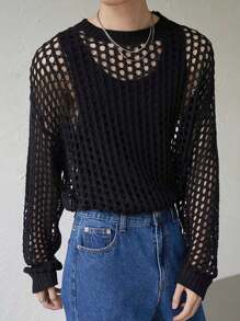 Breathable Perforated Oversized Cover Up, Loose Casual Unisex Korean Style Round Neck Knitted Sweater With Long Sleeves, Unique Design, Suitable For Spring, Summer, Autumn
