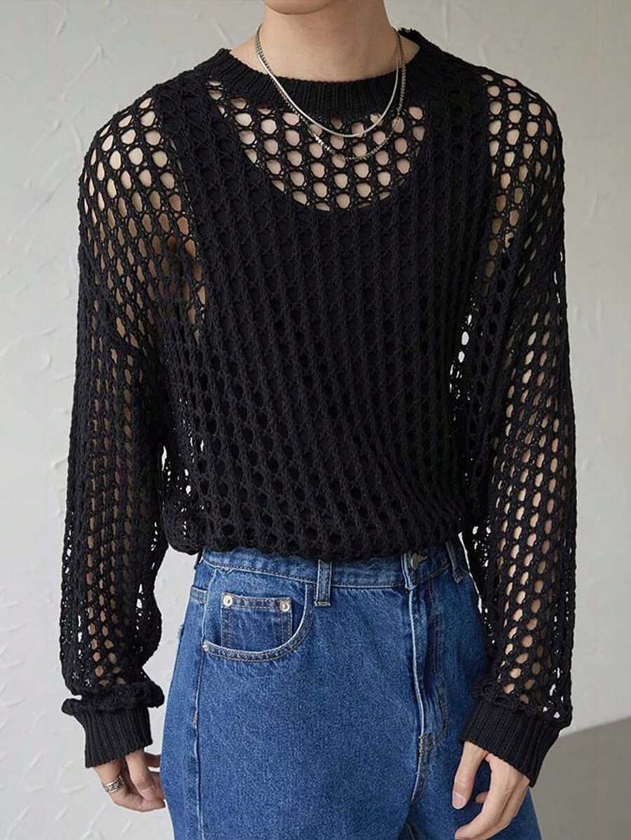 Breathable Perforated Oversized Cover Up, Loose Casual Unisex Korean Style Round Neck Knitted Sweater With Long Sleeves, Unique Design, Suitable For Spring, Summer, Autumn