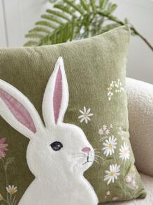 1 pieza Funda de cojín decorativa con bordado floral de conejo, adecuada para decoración interior, funda de cojín de tiro para todas las estaciones sin relleno - Verde - Ver 6