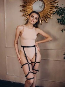 Damskie modne pończochy do ud, proste podwiązki do nóg z regulowanym paskiem ze skóry PU, niezbędne akcesoria do modnej odzieży