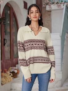 Women's New Style Diamond Jacquard Knit Polo Sweater - Beige - View 2