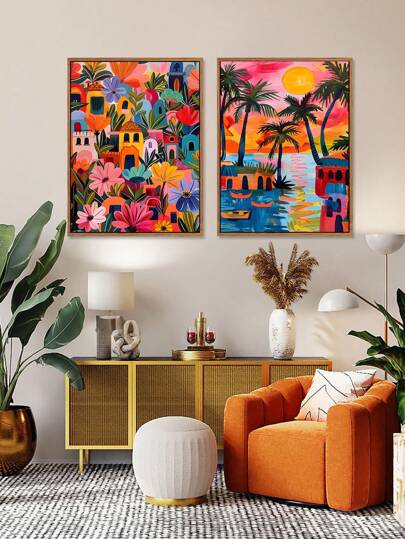 1pc Vintage Colorful Tropical Plants, Flowers, Trees, Sea, Design Architectural, Botanical Art Canvas Oil Painting Poster, Bedroom Wall Art, Living Room Wall Decor, Dining Room Wall Decoration, Kitchen Decorative, Study Room, Corridor, Dormitory Decoration, Ideal Gift For Friends, Wall Arts, Wall Decoration, Home Decoration, Room Decoration Canvas Painting ,Posters,Frameless ﻿ ﻿ ﻿ ﻿ ﻿ Gifts Birthday Graduation
