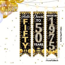 3 piezas Pancartas para fiesta de 50 cumpleaños, decoraciones de 50 cumpleaños para hombres y mujeres negro y oro, letreros de porche 1975, pancartas de felicitación por 50 años, telones de fondo colgantes negro y oro, decoración de 50 cumpleaños para puertas y paredes