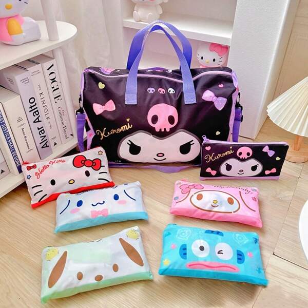 Sanrio 1 Stück Sanrio Stoff faltbare Reisetasche - leichte Aufbewahrungstasche für Kleidung & Utensilien, tragbar, süßes Charakterdesign, universelles Urlaubsgeschenk, ohne Strom erforderlich (sortierte Muster)