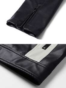 Men's Long Sleeve Autumn Spring Contrast Color Stand Collar PU Leather Jacket, Fashionable Stylish Motorcycle Biker Jacket, Grunge - Black - View 6