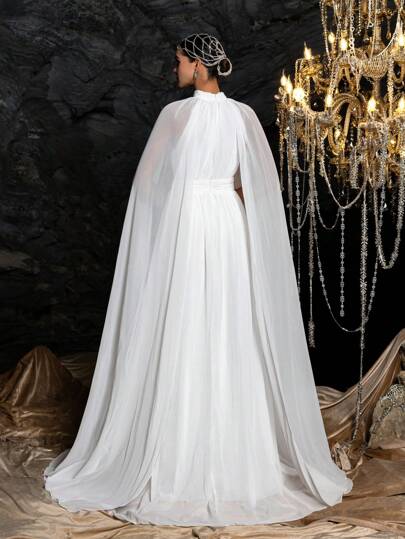 Faeriesty Vestido formal vintage de cuello alto sólido con mangas tipo capa de gasa, vestido largo y vestido midi