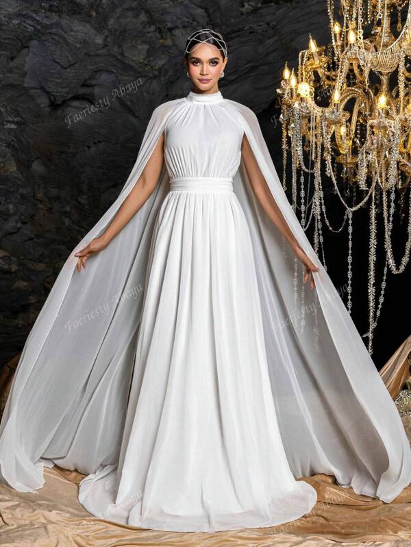 Faeriesty Vintage Solid Mock Neck Cloak Sleeve Chiffon Formal Dress&Maxi Dress&Midi Dress