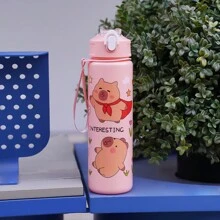 1pc 700ml/23OZ Cute Cartoon Capybara Themed Outdoor Casual Sports Water Bottle With Straw And Cup Lid, Leak-Proof, Shockproof, With Woven Handle Strap, Portable For Outdoor Camping, School, Holiday Gifts, Birthday Presents