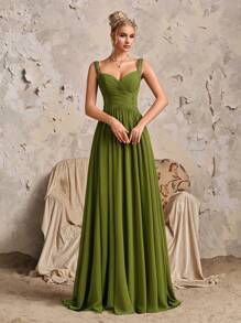 新款雪纺褶皱紧身胸衣正式晚礼服，优雅大方的派对、婚礼礼服 - 綠色 - 查看 4