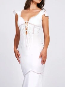 Women's Knee Length Dress Slim Short Flying Sleeve Sweetheart Neck Lace Trim Tie Up Backless Zip Up Dress For Party Club - 白色 - 查看 7