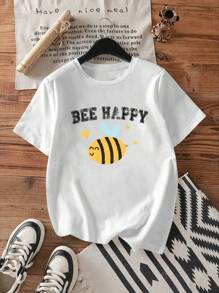 Bee Happy Print Ladies Casual Milk Silk Short Sleeve Top Summer Graphic Tees