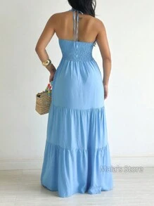 Elastek Elegant Slit Halter Neck Long Dress - 淺藍色 - 查看 2