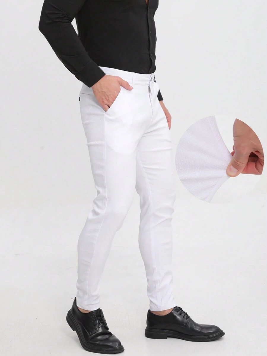 ALLELMS 男士修身抗皱弹力棉斜纹西裤 - 白色 - 查看 1