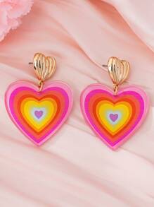 1 par de pendientes con colgante de corazón de acrílico de colores arcoíris para mujeres, adecuados para uso diario y el Día de San Valentín - Rosa - Ver 1