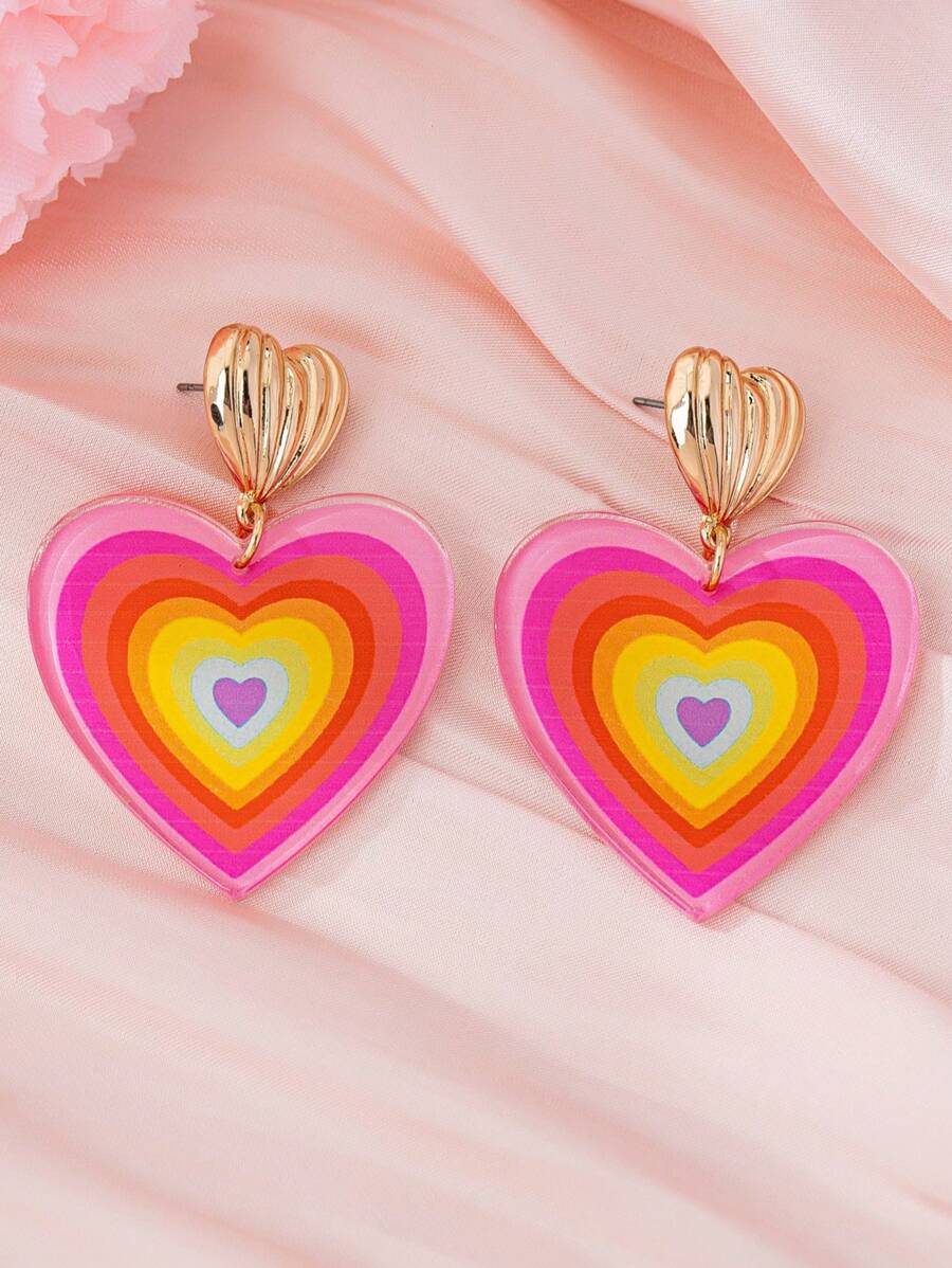 1 par de pendientes con colgante de corazón de acrílico de colores arcoíris para mujeres, adecuados para uso diario y el Día de San Valentín - Rosa - Ver 1