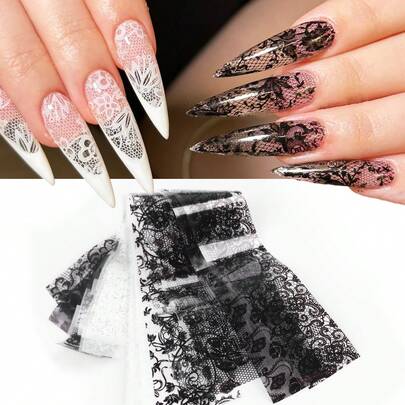 Black White Lace Nail Art Foil Transfer Stickers Flower Petal Sexy Retro Laces Nail Art Supplies Starry Paper Holographic DIY Transfer Foils Manicure Wraps 10pcs (Adhesive Not Included) Nails