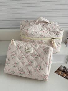 Vb1Pc/Set Flower Bouquet Pattern Pink Makeup Bags Cosmetic Bag Quilted Makeup Bag Pencil Case Wallet Purse Zipper Multi-Functional Storage - Multicolor - View 12
