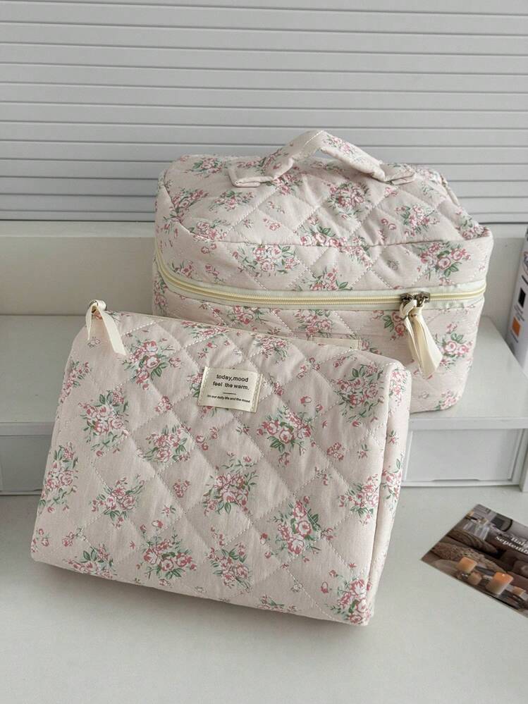 1 pieza/set Bolsa de maquillaje con estampado de ramo de flores en color rosa, bolsa de cosméticos acolchada, estuche de lápices, cartera, bolso con cremallera y múltiples funciones de almacenamiento - Multicolor - Añade 12