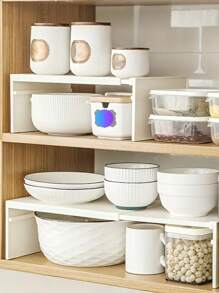 [Popular Choice] 1 Expandable Kitchen Organizer Rack, Plastic Countertop Cabinet Storage Rack With Adjustable Shelves Dividers For Spices And Cookware Organizer, No Assembly Required, Tiered Shelves, Utensil Rack - Multicolor - View 1