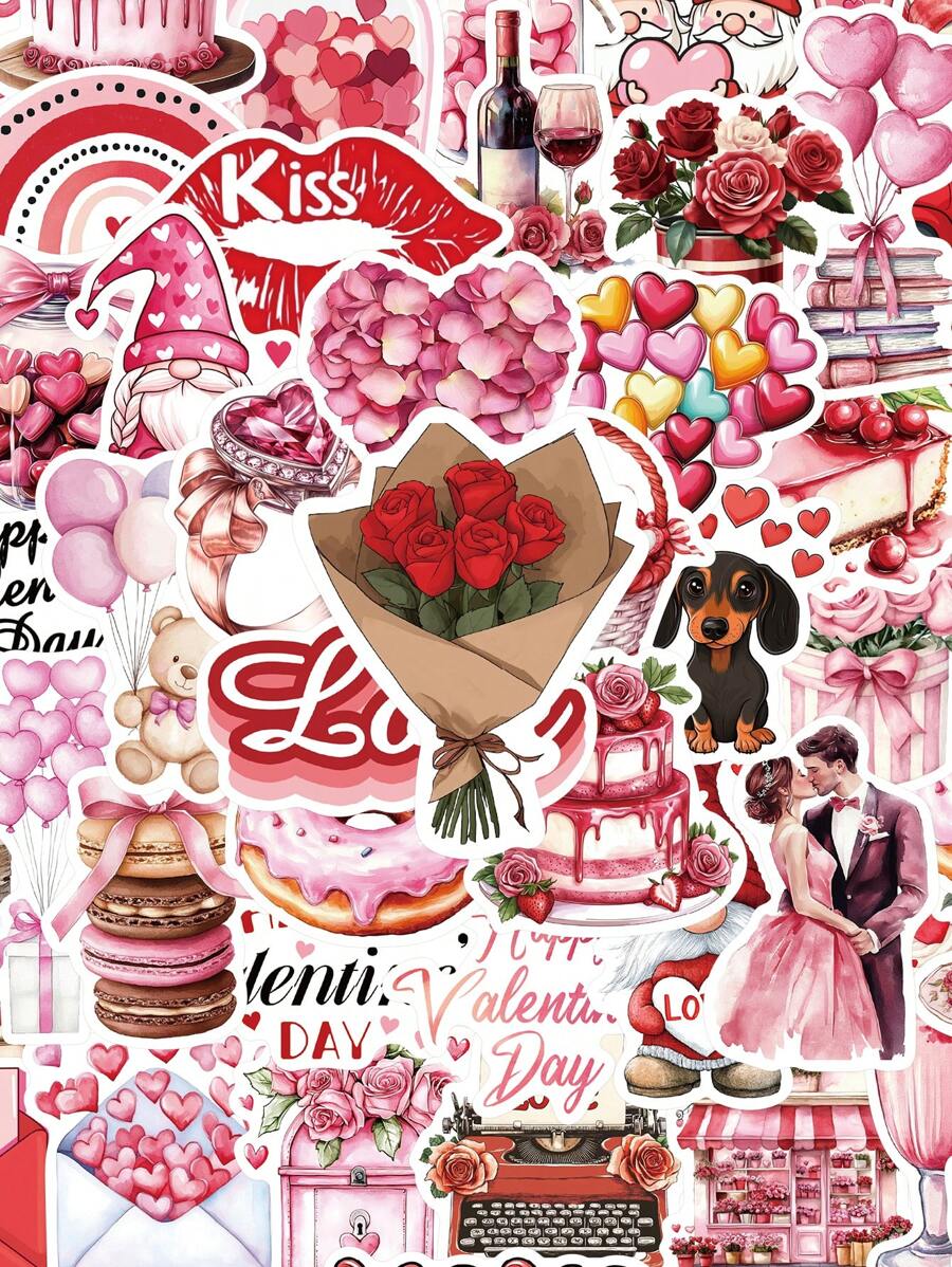 50pcs Pink Valentine's Day Sticker Aesthetic Love Decals For Waterbottle Laptop Guitar Scrapbook Phone Waterproof PVC Sticker Friend Party Gift