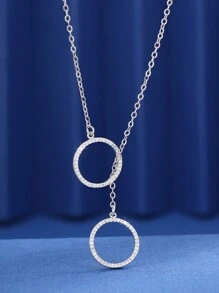 1pc Minimalist Round Cubic Zirconia Necklace, 925 Sterling Silver Pendant Clavicle Necklace, Elegant Jewelry Gift, Suitable For Girls Daily And Date Outfit Decoration - Double Circle Necklace - View 3