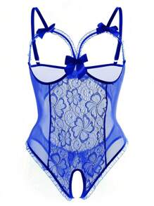 Plus Size Sexy Women Floral Lace Patchwork Hollow Out Design Camisole Jumpsuit - Blue - View 2