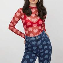 Women's Heart Print Mesh Sheer Tops Long Sleeve Round Neck Heart Print Party T-Shirt - Red - View 3
