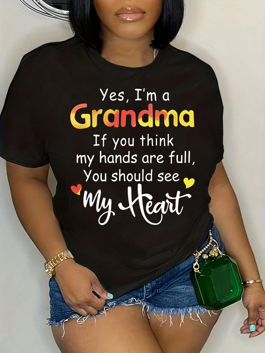 Plus Size Letter Grandma Print T-Shirt, Casual Short Sleeve Top For Spring & Summer, Women's Plus Size Clothing - màu đen - Xem 1