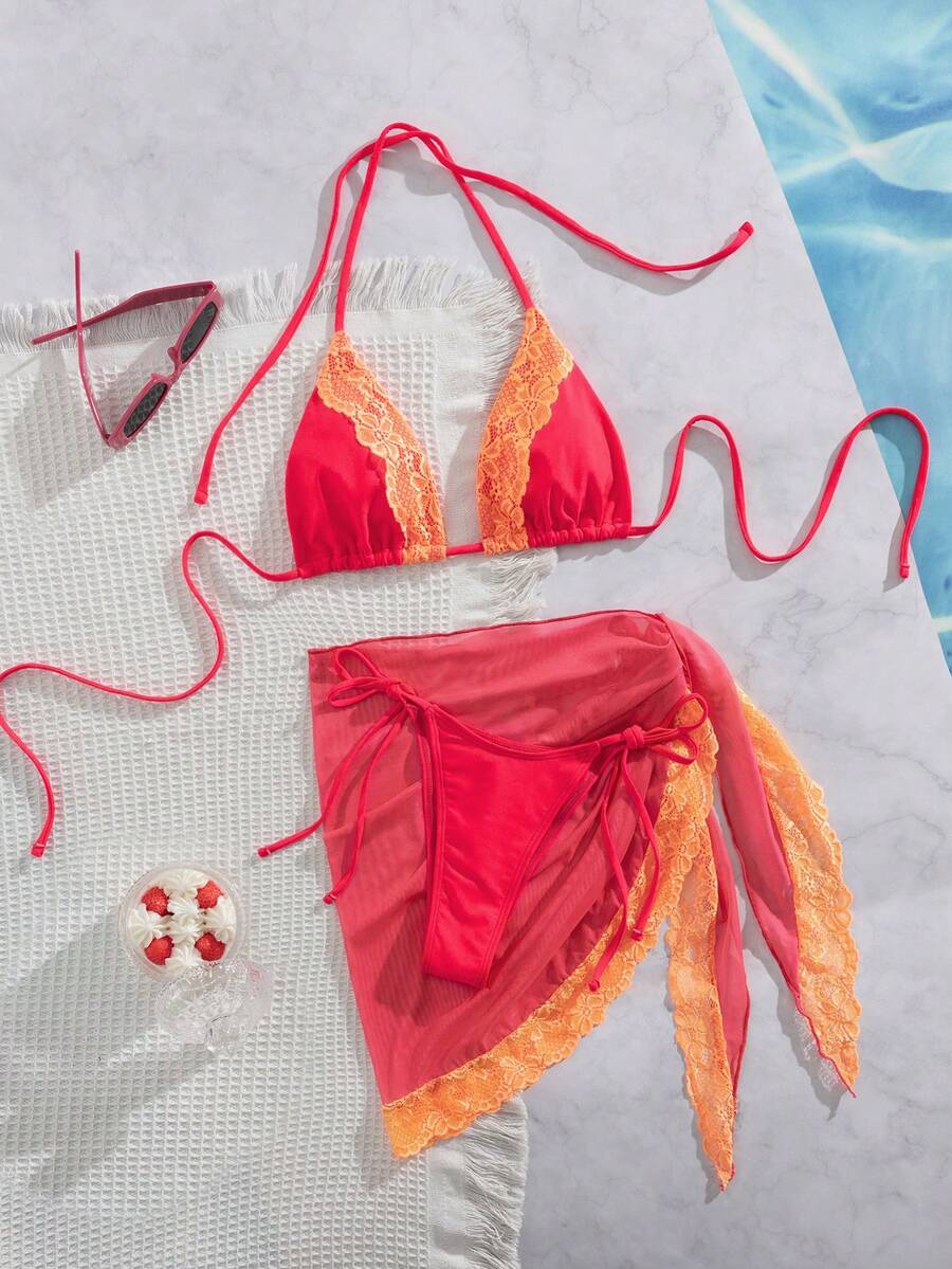 全新柔软纯色蕾丝拼接细肩带露背优雅派对比基尼套装带裹身裙，女士夏季海滩时尚比基尼