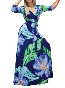 Dresses For Women,Wedding Guest Dresses For Women,Women's V-Neck Three-Quarter Sleeve Tie Pocket Print Dress - 藏蓝色 - 查看 4